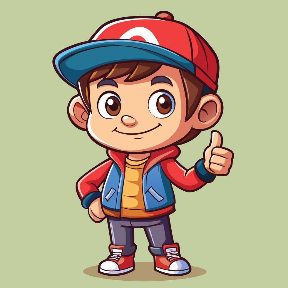 cartoon boy in red cap and jacket giving thumbs up vector