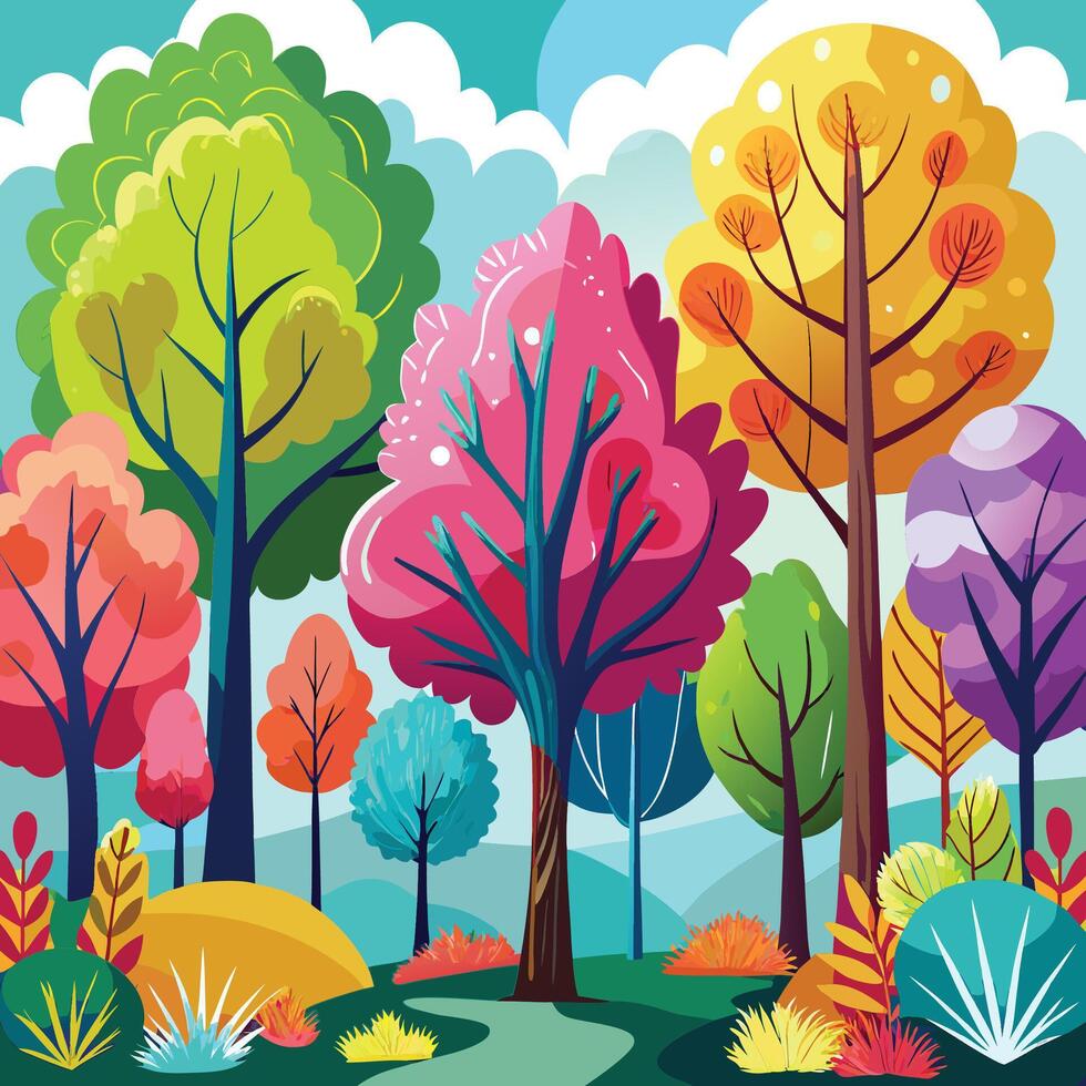 colorful trees in the forest with a path vector