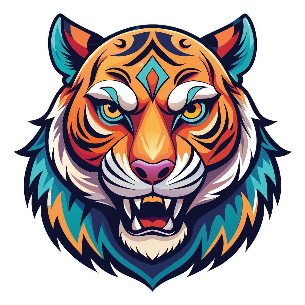colorful tiger head with a tribal pattern on it vector
