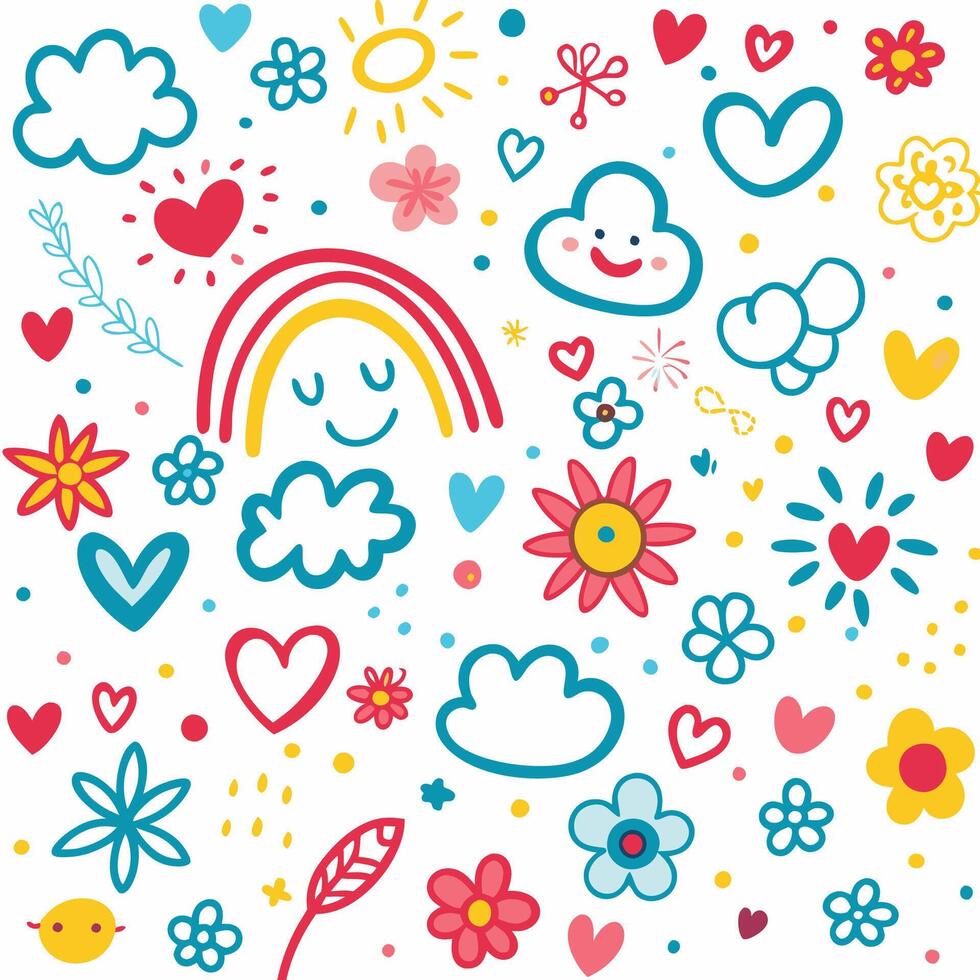a colorful set of doodles with hearts, clouds and rainbows vector