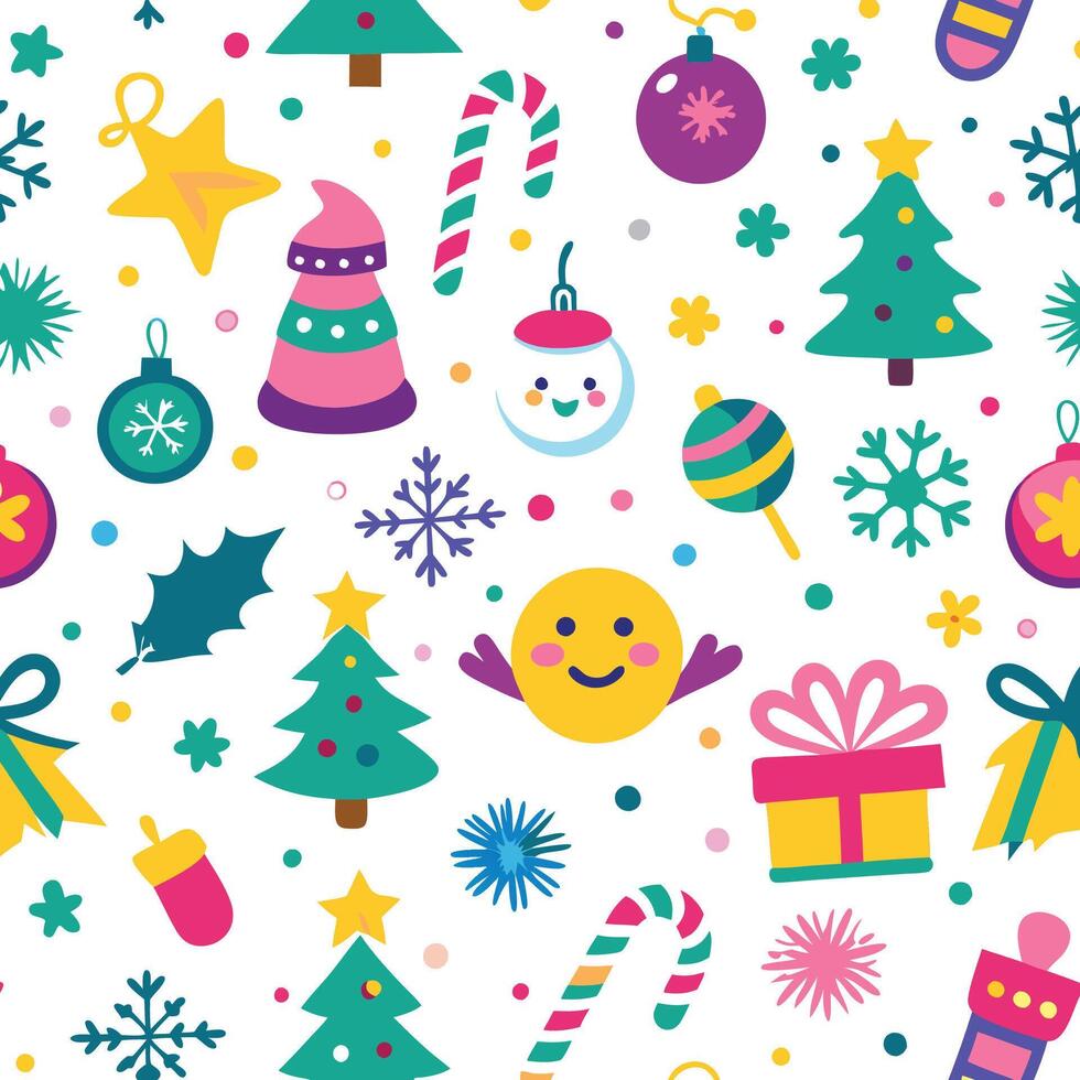 christmas seamless pattern with snowman, tree, presents and other items vector