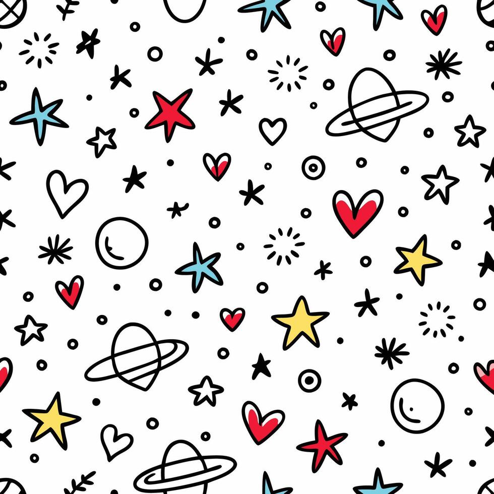 a seamless pattern with stars, hearts and planets vector