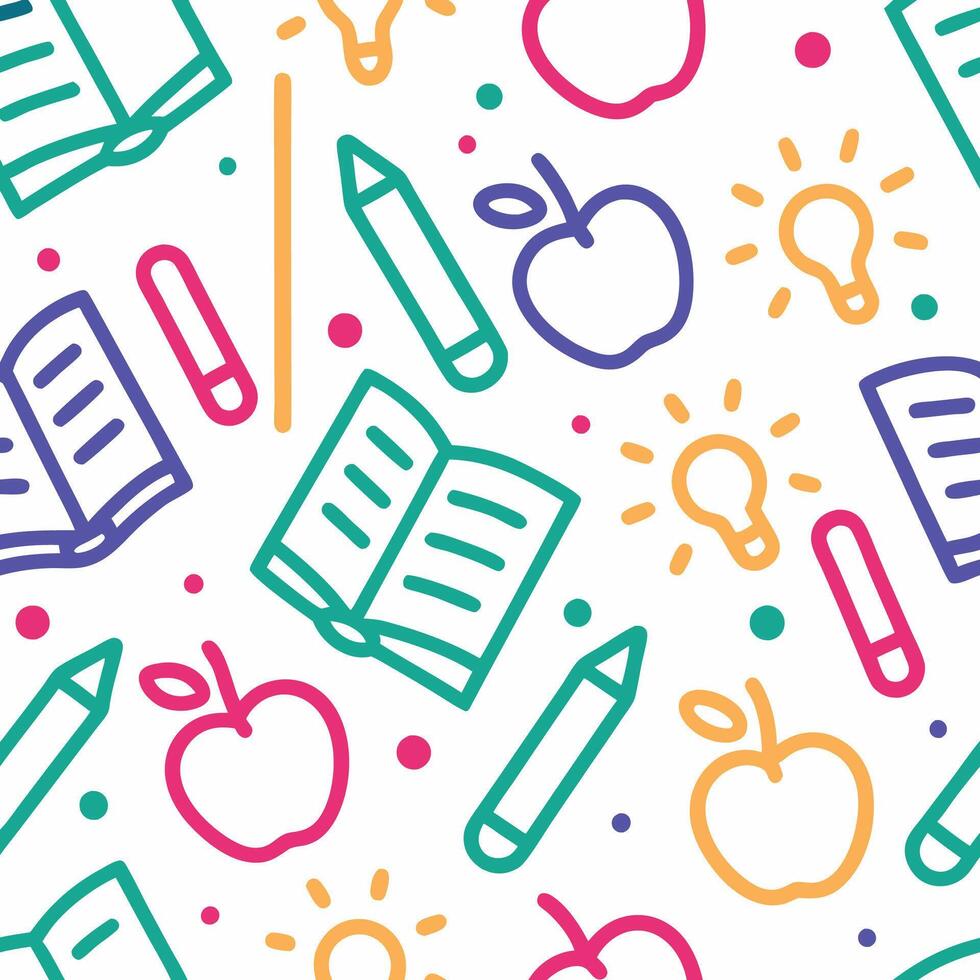 colorful school supplies pattern with an apple and books vector