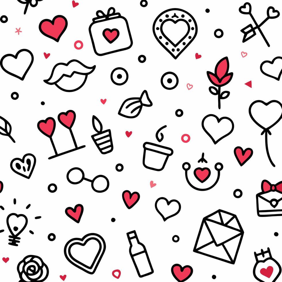 valentine's day seamless pattern with hearts and other items vector