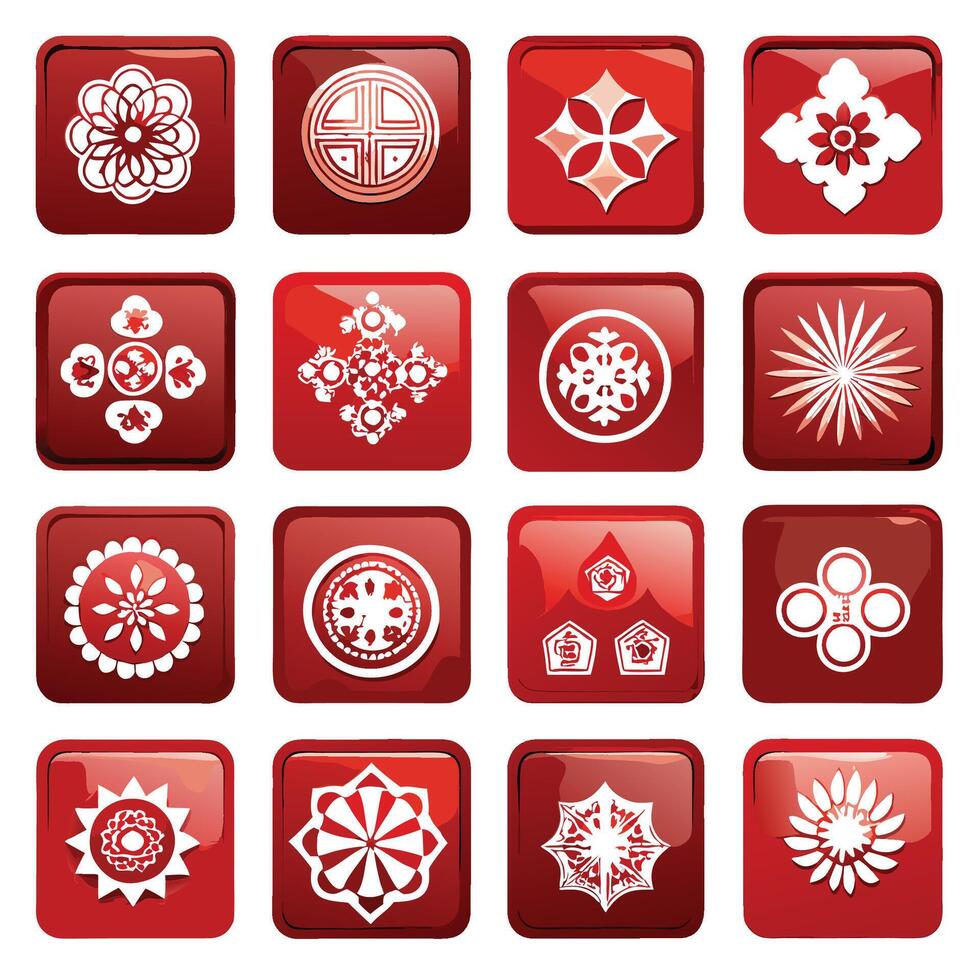 red square button icons with white designs vector