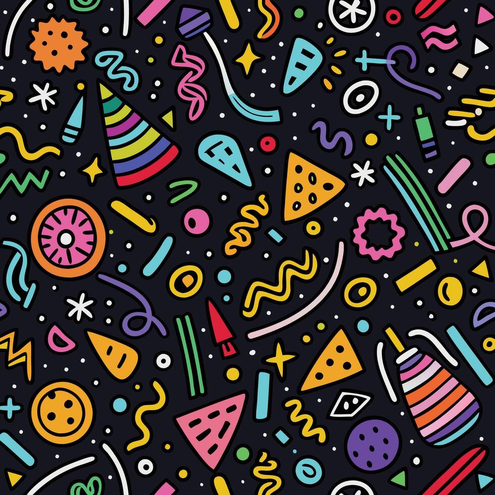 a colorful pattern with party items on a black background vector