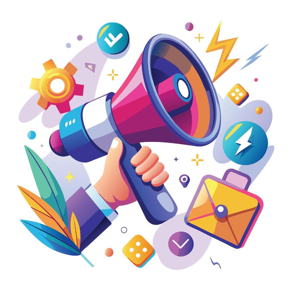 a hand holding a megaphone and surrounded by icons vector