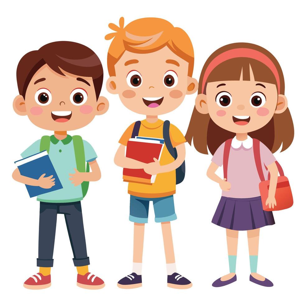 three children with books standing together vector