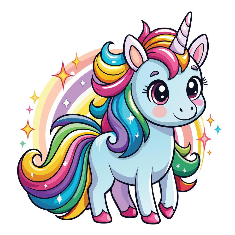 a cartoon unicorn with rainbow hair and a rainbow background vector
