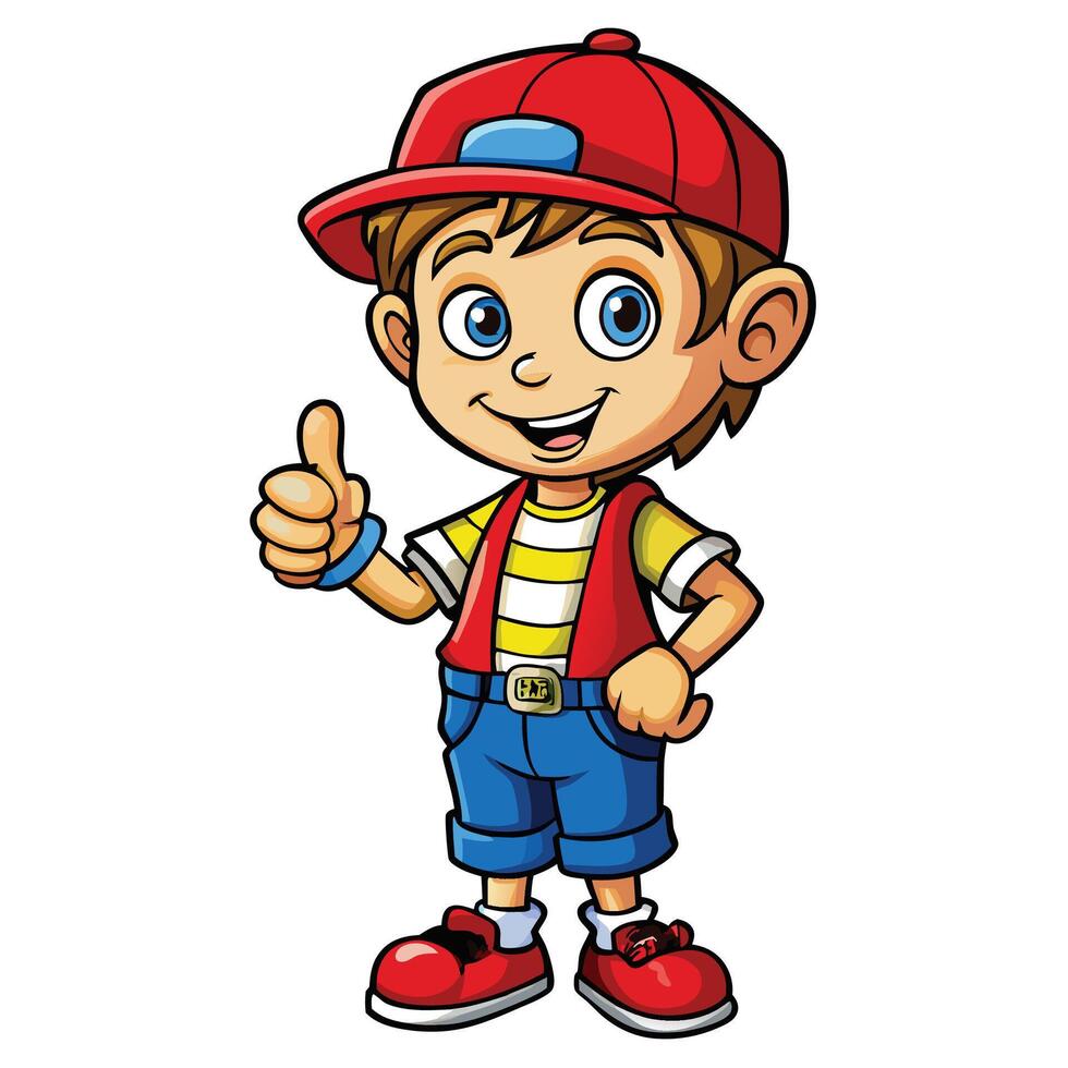 cartoon boy in red hat and blue shorts vector