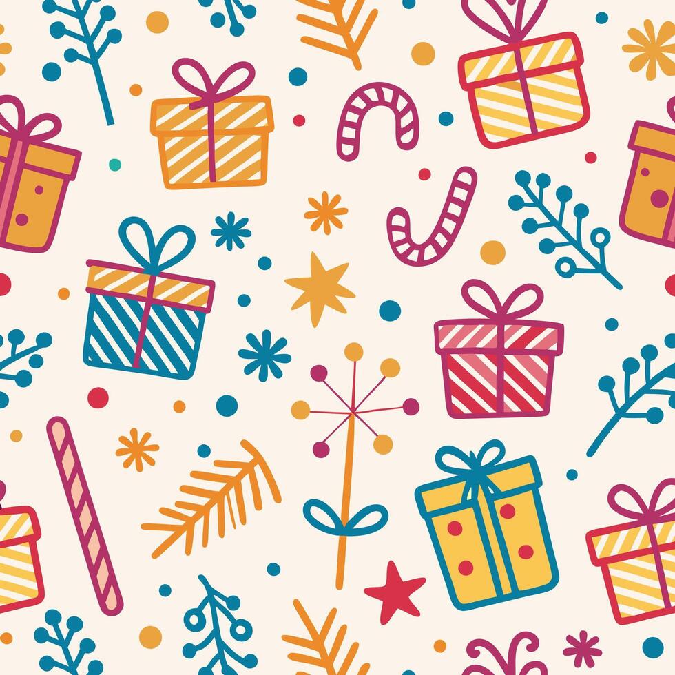 christmas seamless pattern with presents and decorations vector