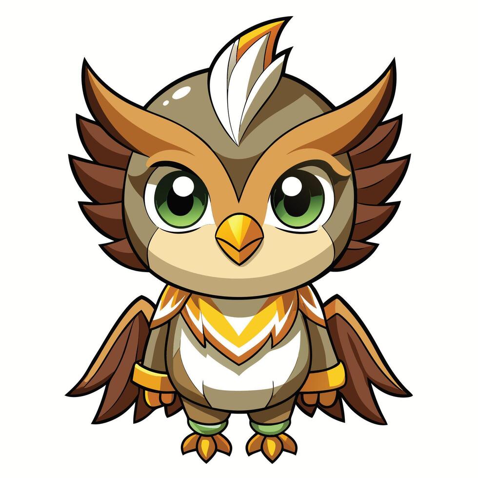 an owl with green eyes and a yellow and brown feather vector