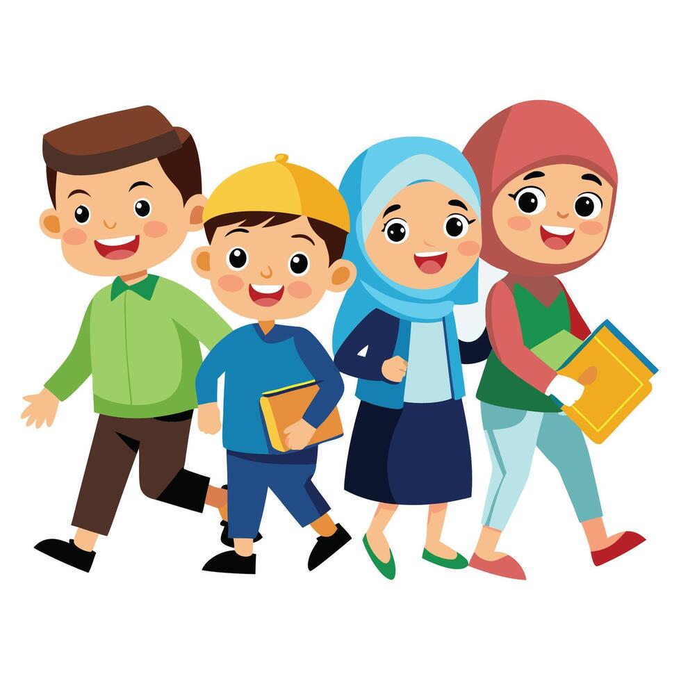 muslim children going to school illustration vector