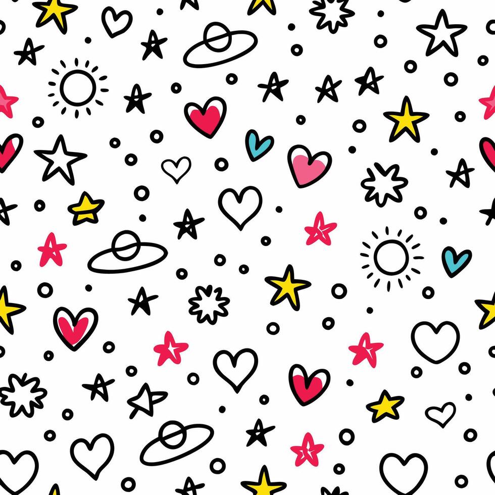 a seamless pattern with hearts, stars and sun vector
