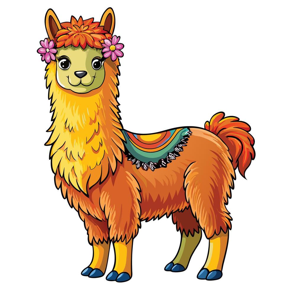 illustration of a cute llama with flowers on its head vector
