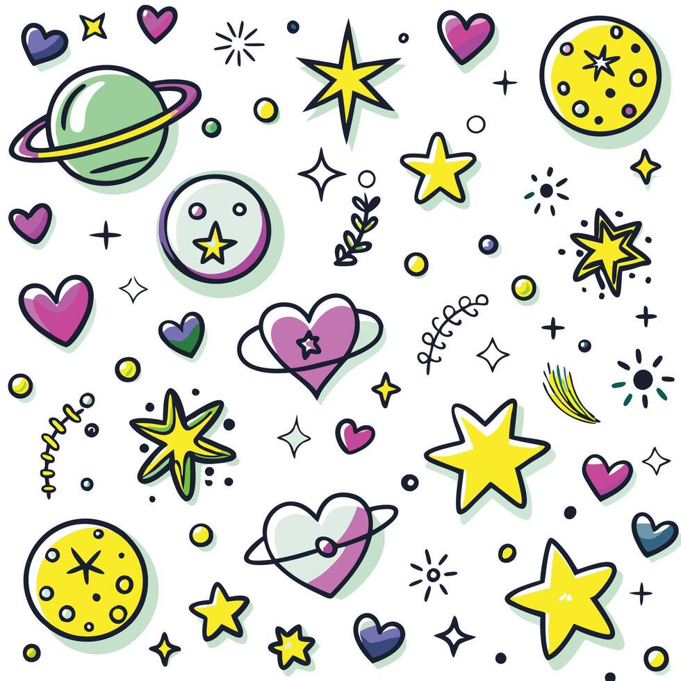 a set of colorful stars, hearts and planets vector