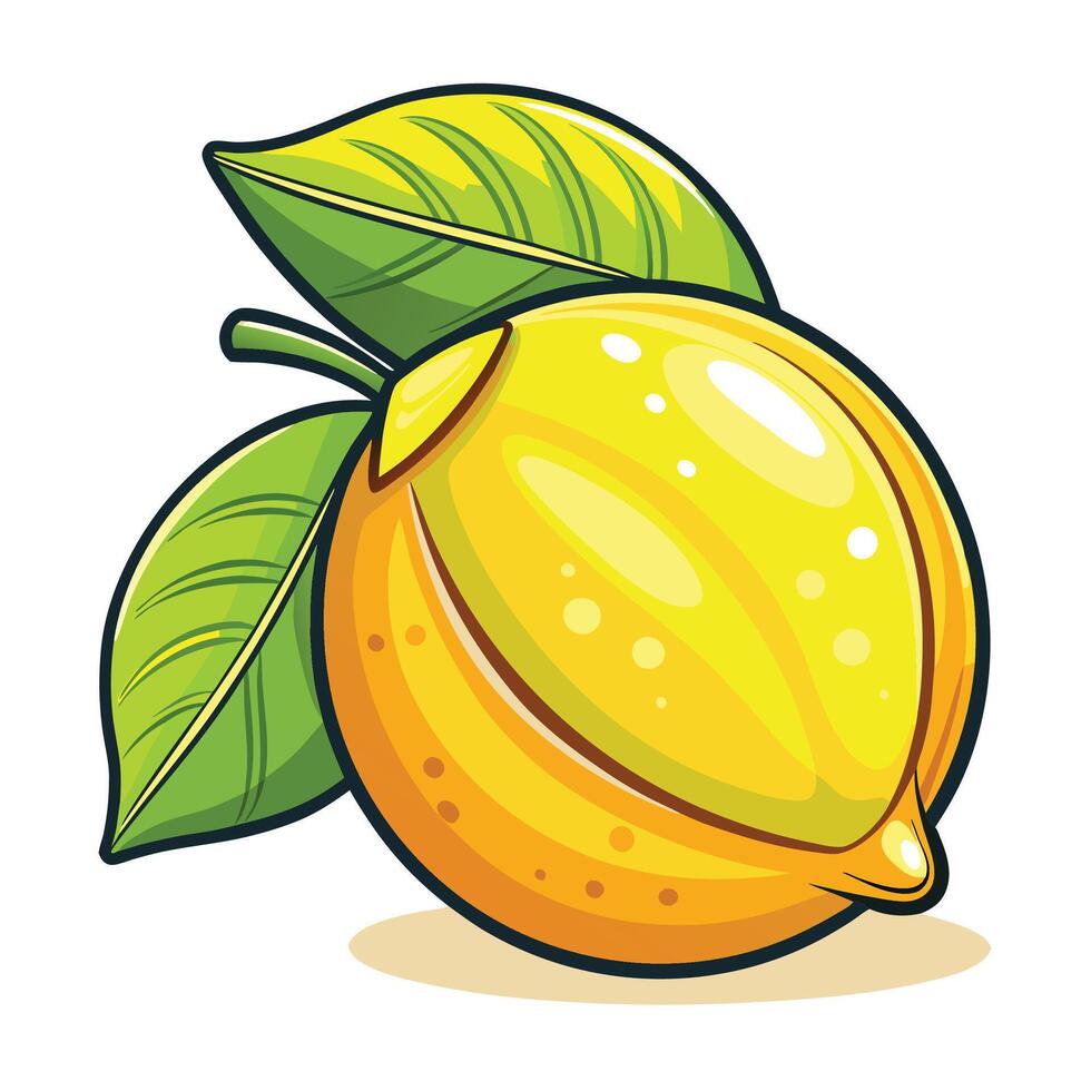 a lemon with leaves and a green stem vector