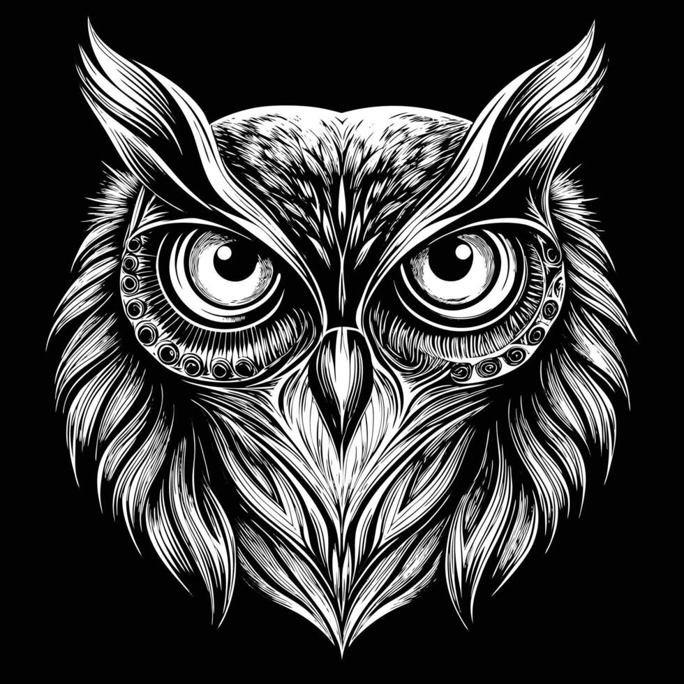 an owl head with large eyes on a black background vector