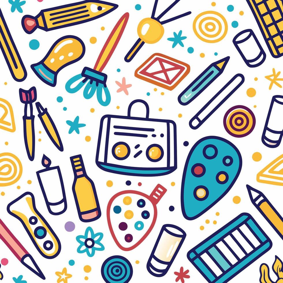 art and craft supplies, including a paintbrush, pencils, and other items vector