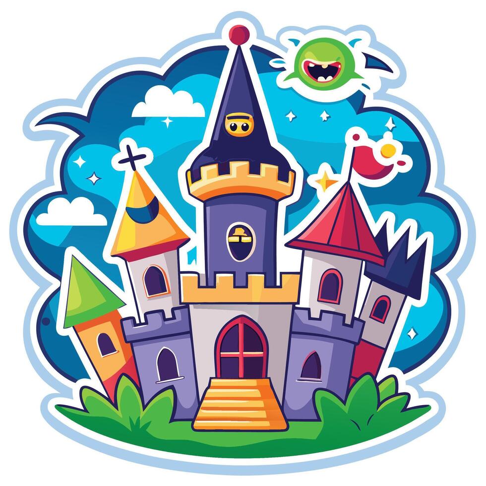 cartoon castle with monster and bird on top vector