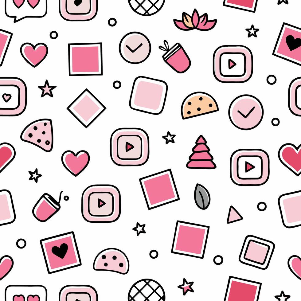 a pink and white pattern with various icons vector