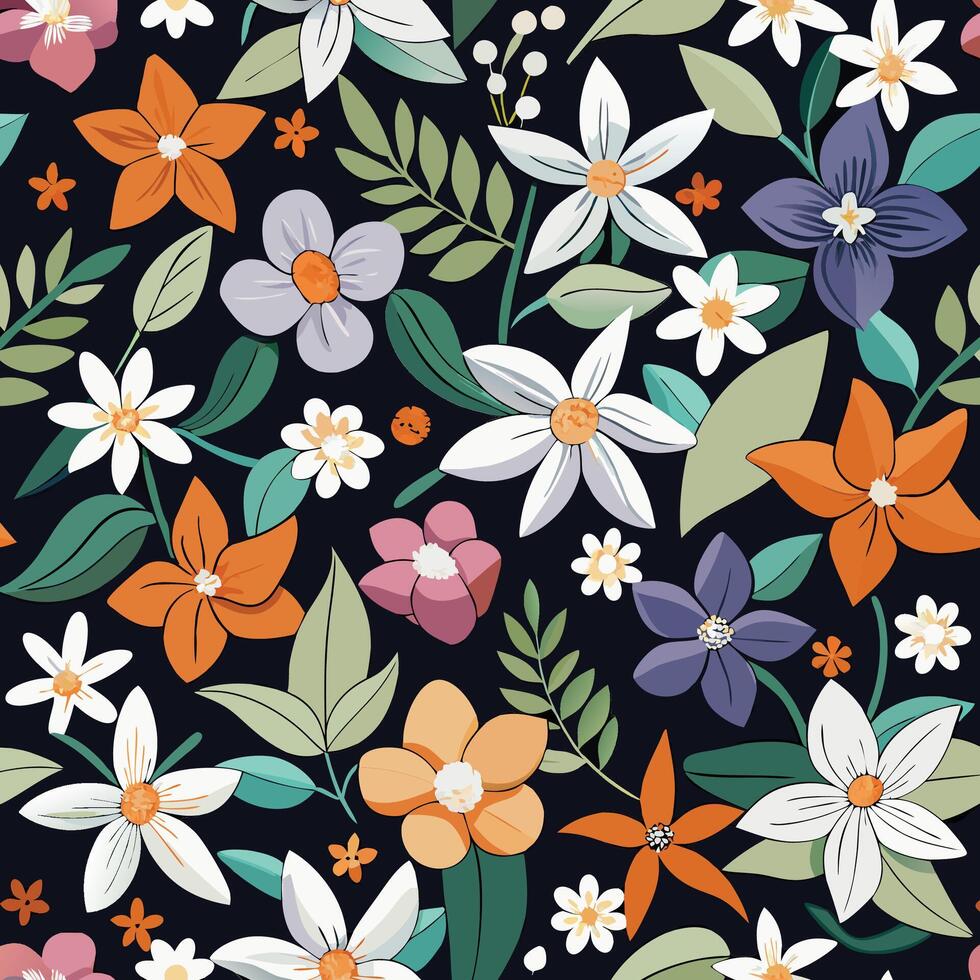 floral seamless pattern with flowers on black background vector