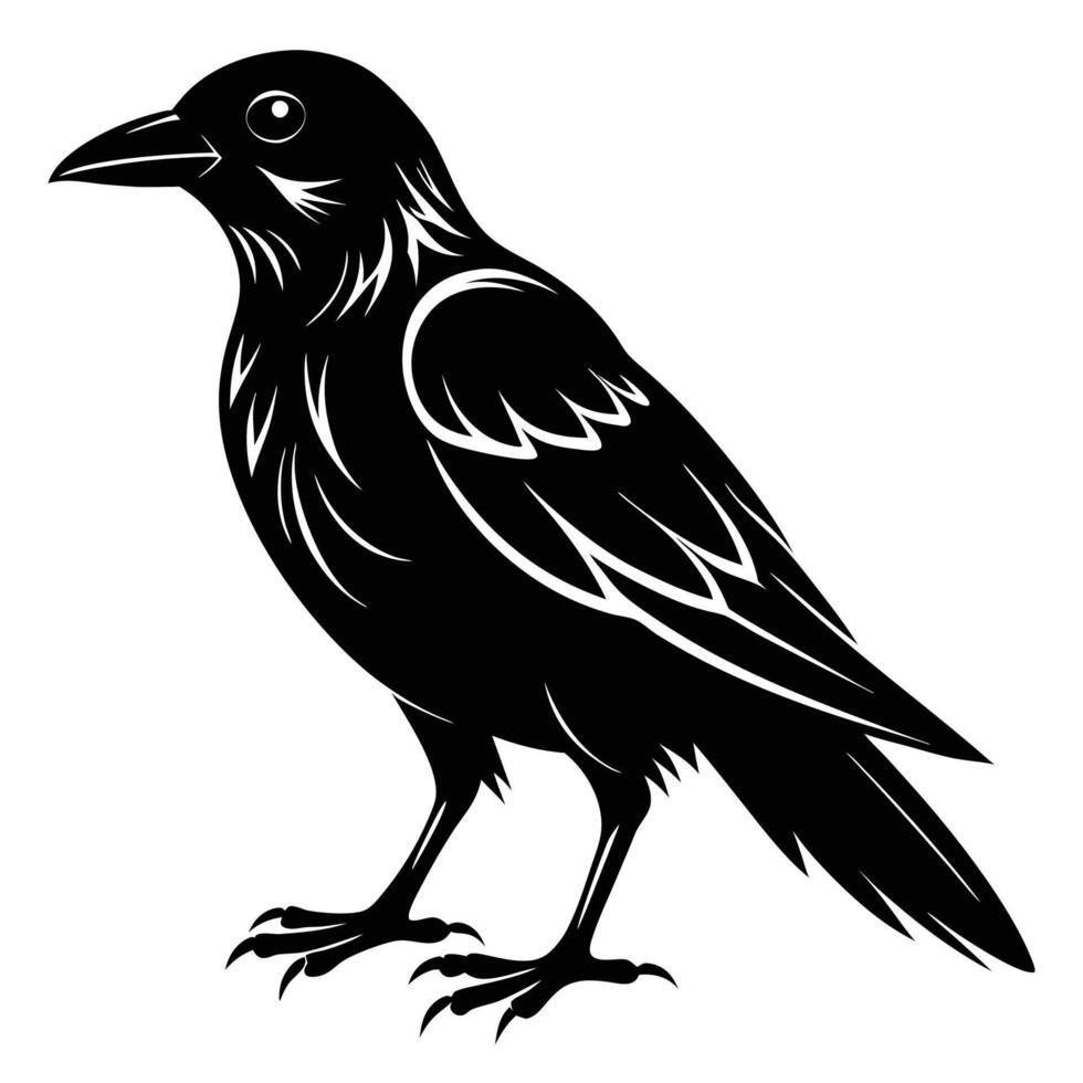 a black and white illustration of a crow vector
