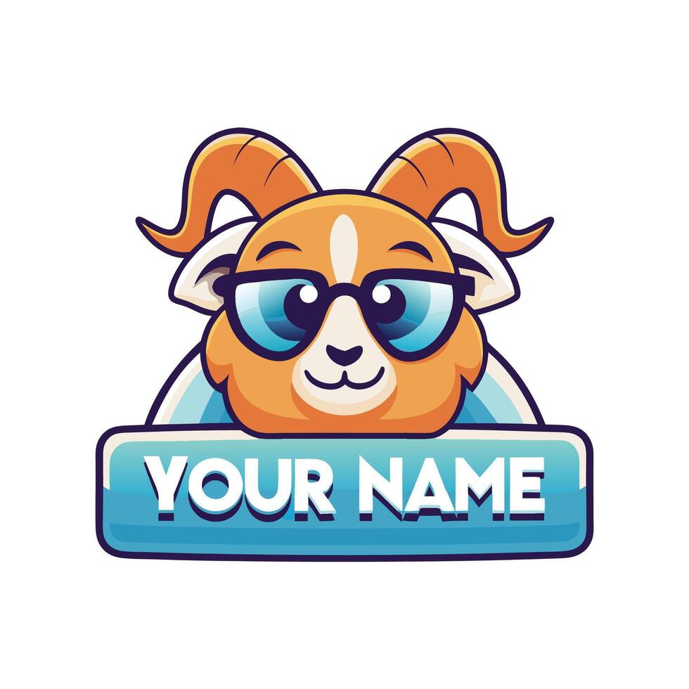 a goat wearing sunglasses and a name on a blue background vector