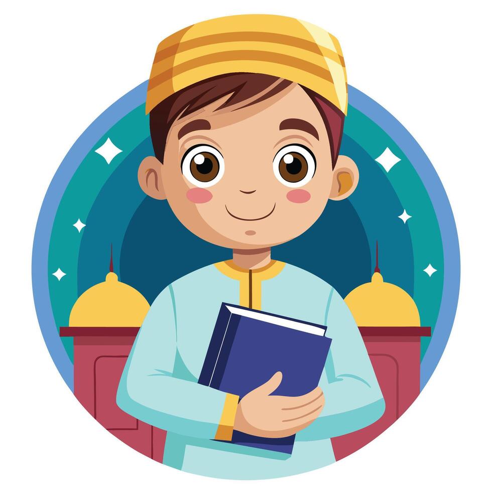 muslim boy holding book and praying in front of mosque vector