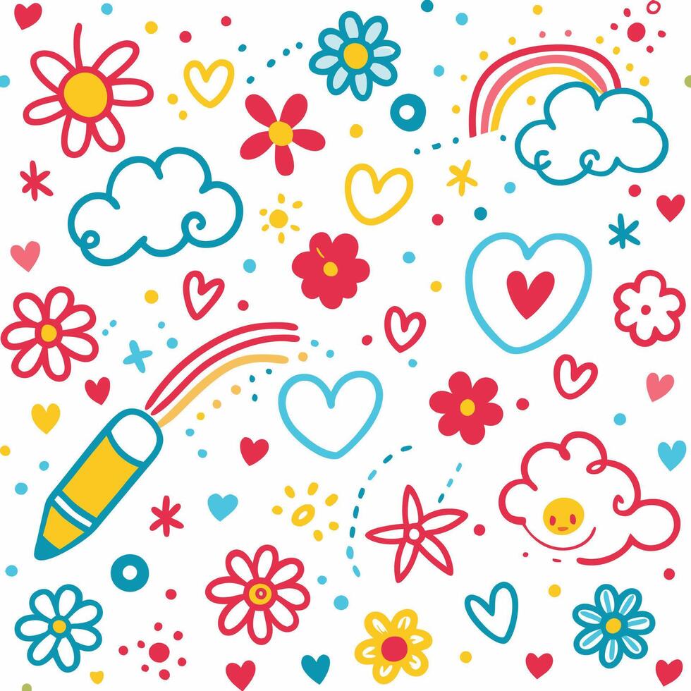 a colorful set of doodles with hearts, clouds, and rainbows vector