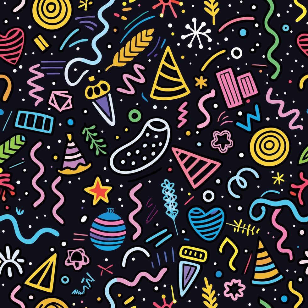 a colorful pattern with party items on a black background vector