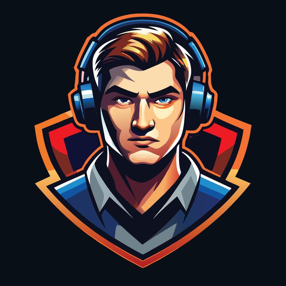 a man in headphones with a blue shirt and a black background vector