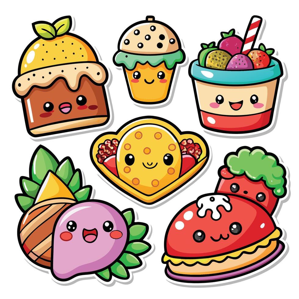 cute food stickers set, illustration vector