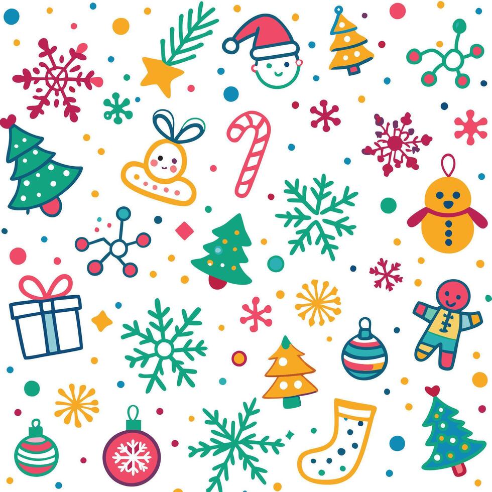 christmas seamless pattern with snowflakes, christmas tree, snowman, candy cane, vector