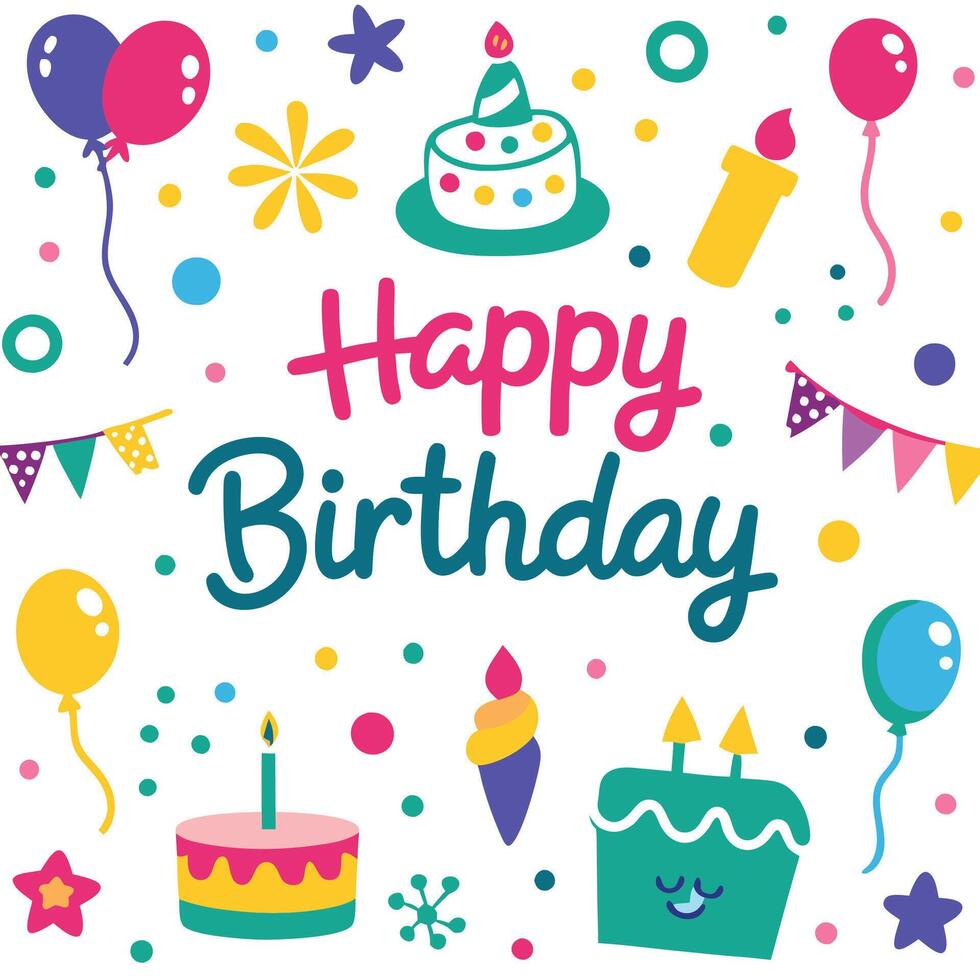 happy birthday card with colorful objects vector