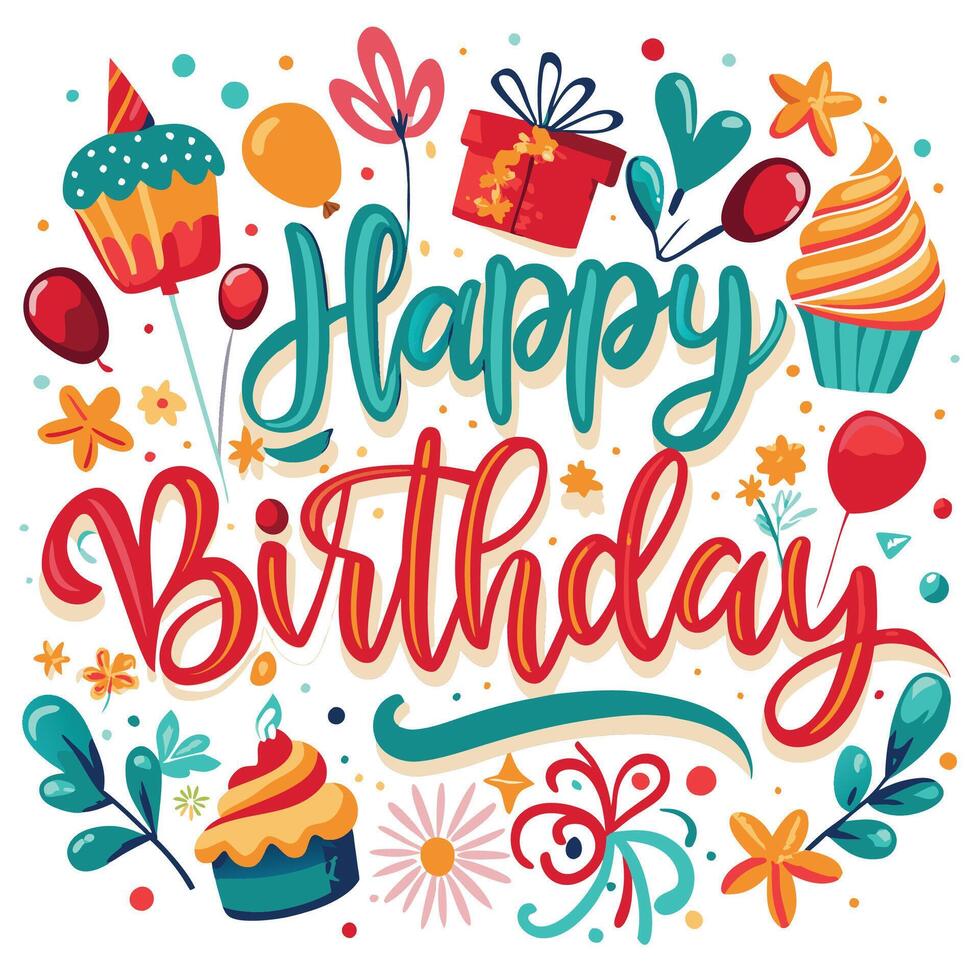 happy birthday card with colorful objects vector