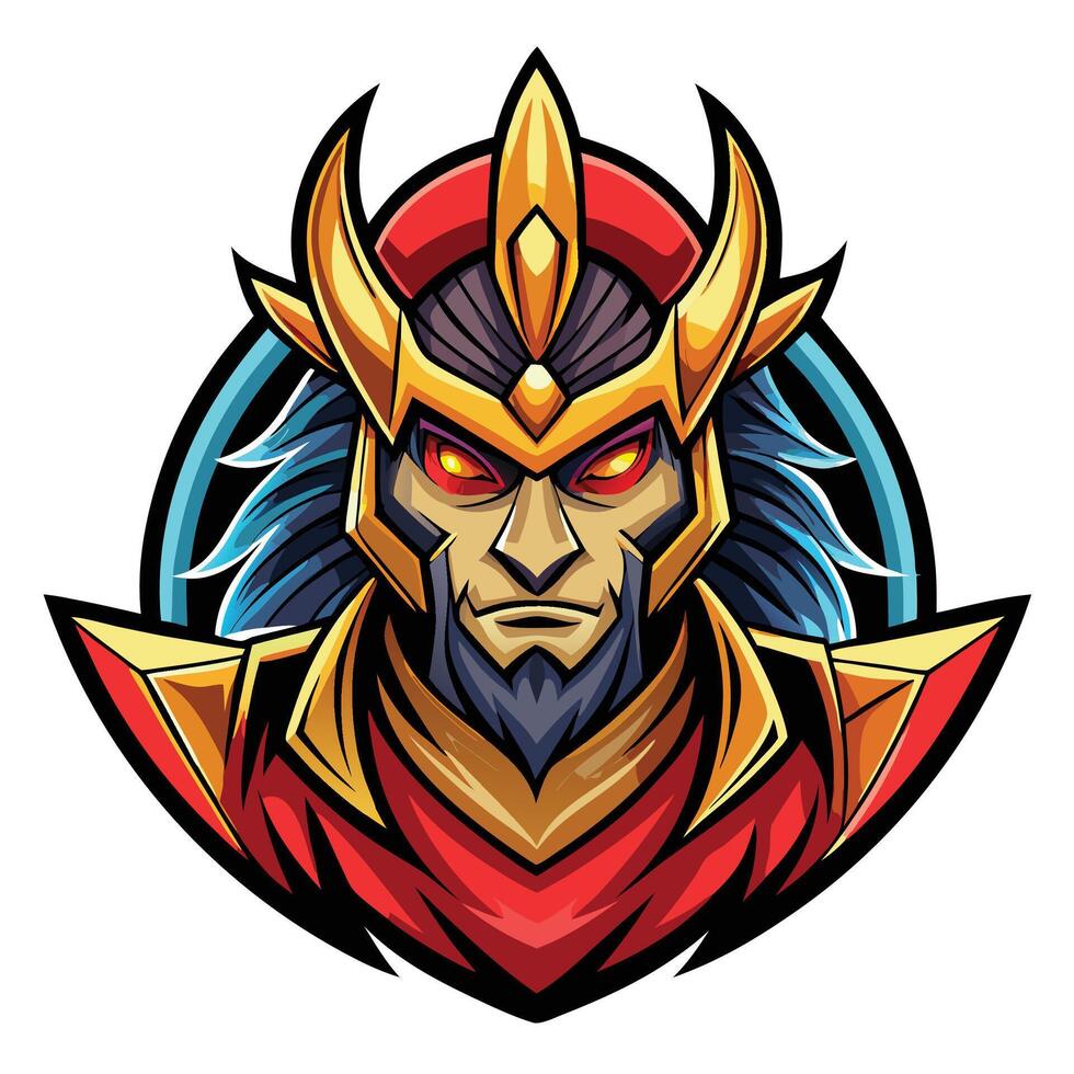 the face of a warrior with a red and gold helmet vector
