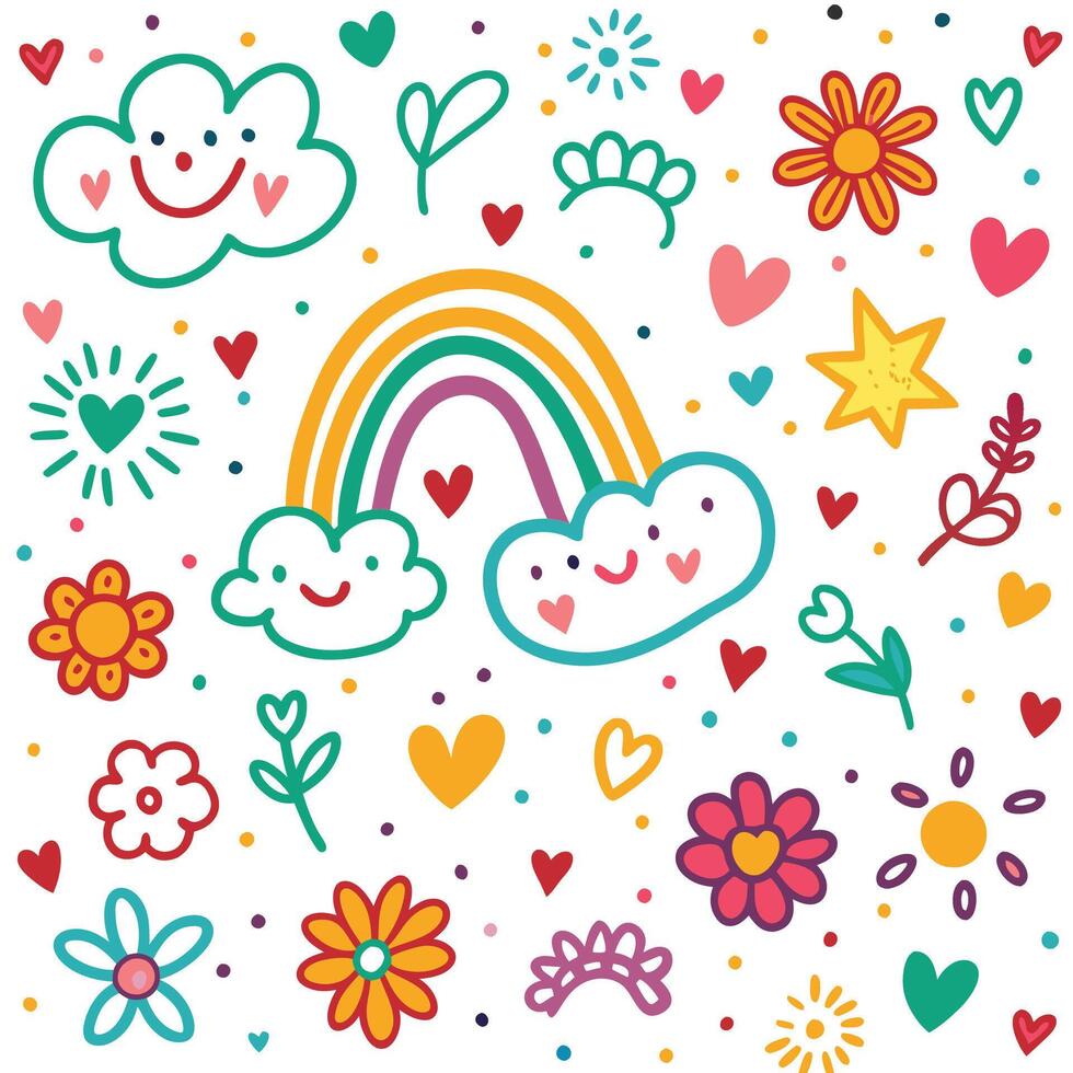 cute cartoon flowers and clouds with hearts and rainbows vector