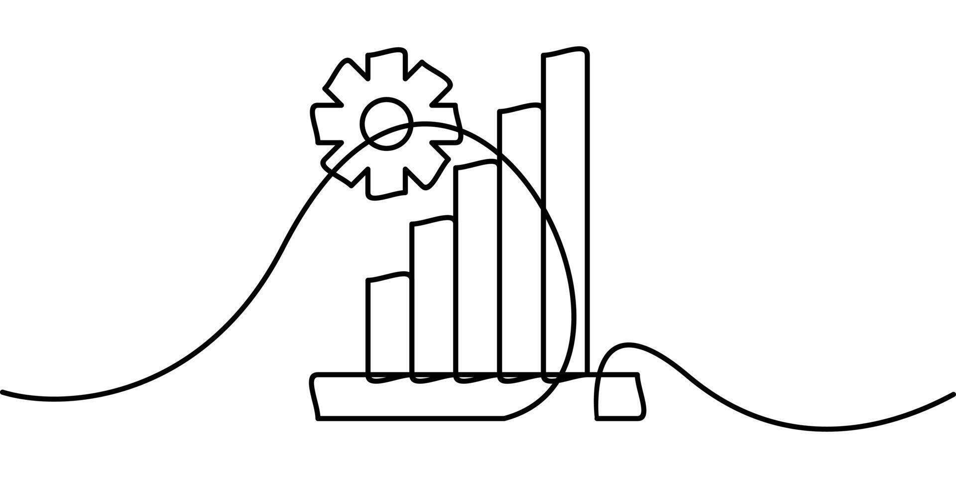 continuous line drawing of growth chart symbol with gear symbol. abstract line art illustration vector
