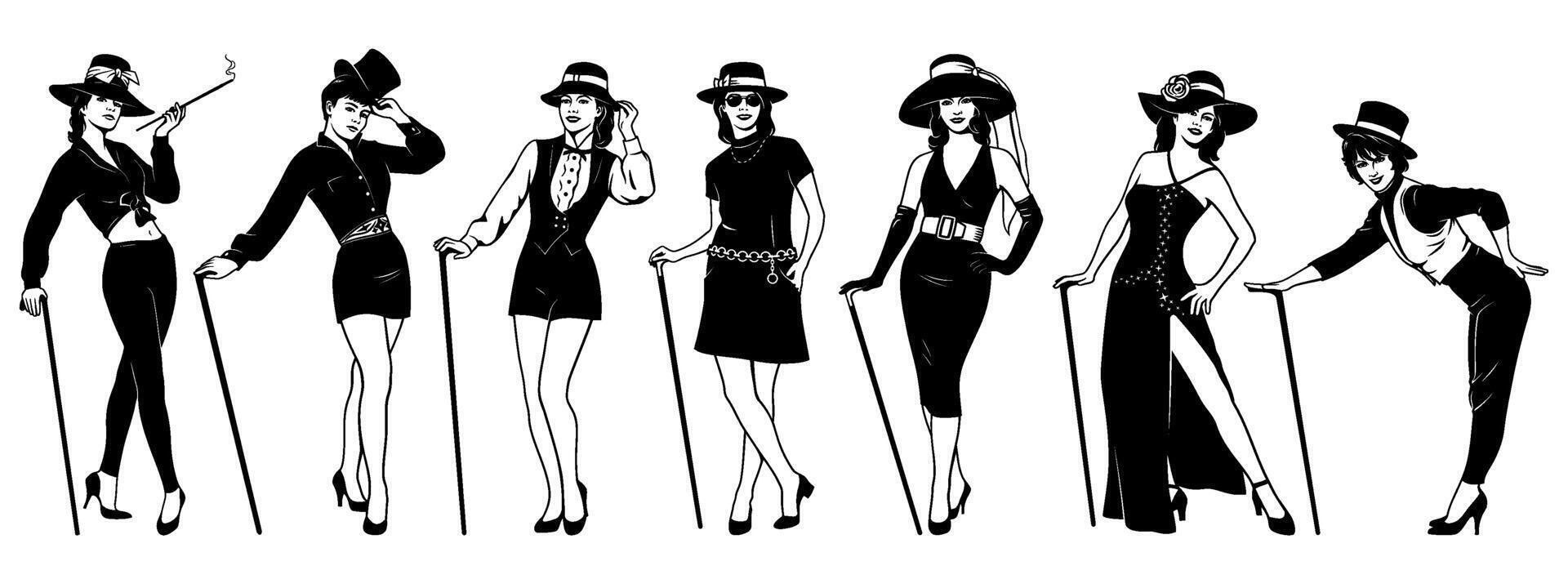 Glam Fashion Women in Hats Posing with Canes. Set of black and white cliparts isolated on white. vector