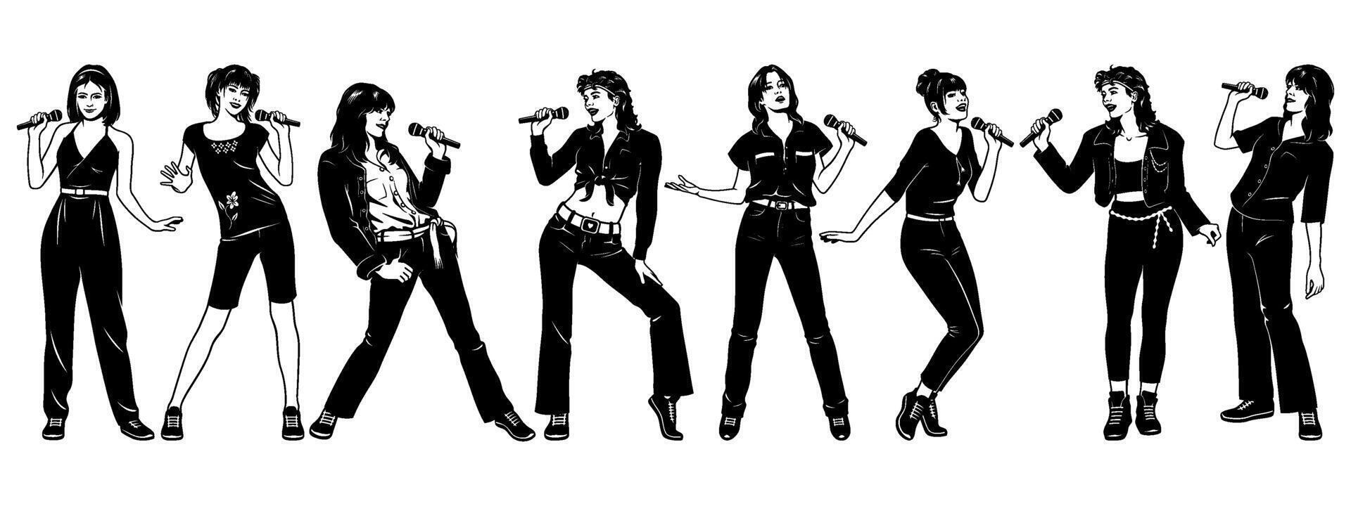 Women Singers Set. Jazz, pop, rock, country, disco vocalists. Black and white cliparts isolated on white. vector