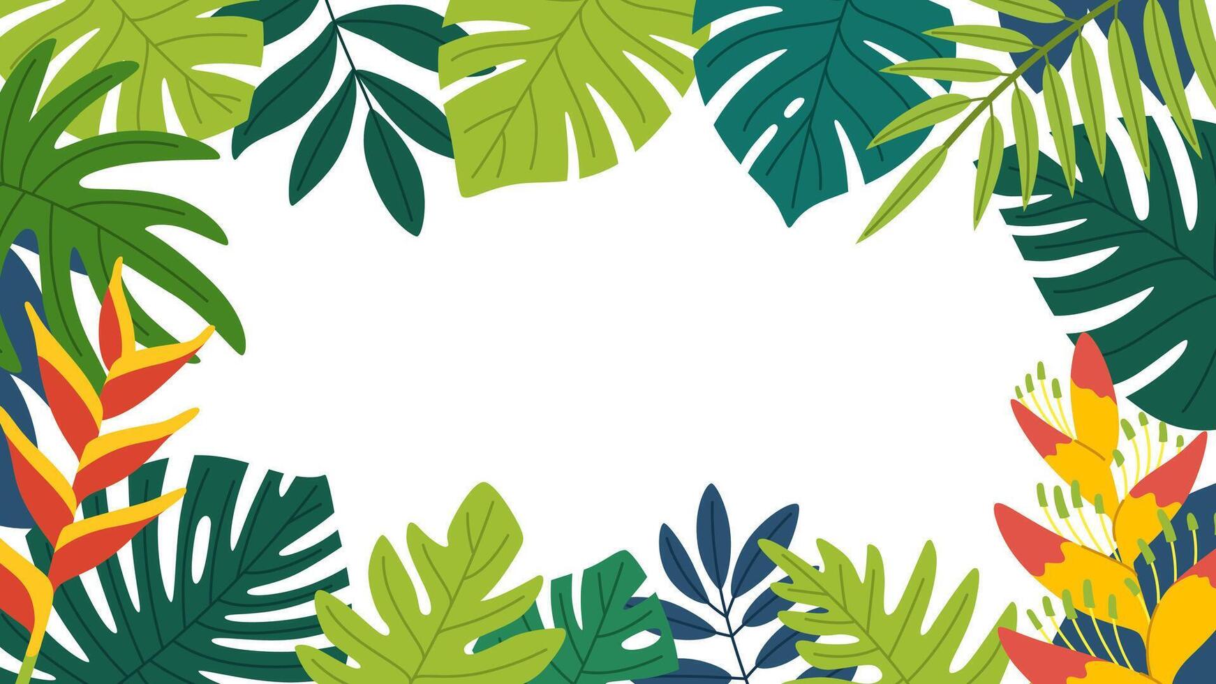 Tropical leaves and flowers frame template. Exotic jungle plants background with place for text. vector