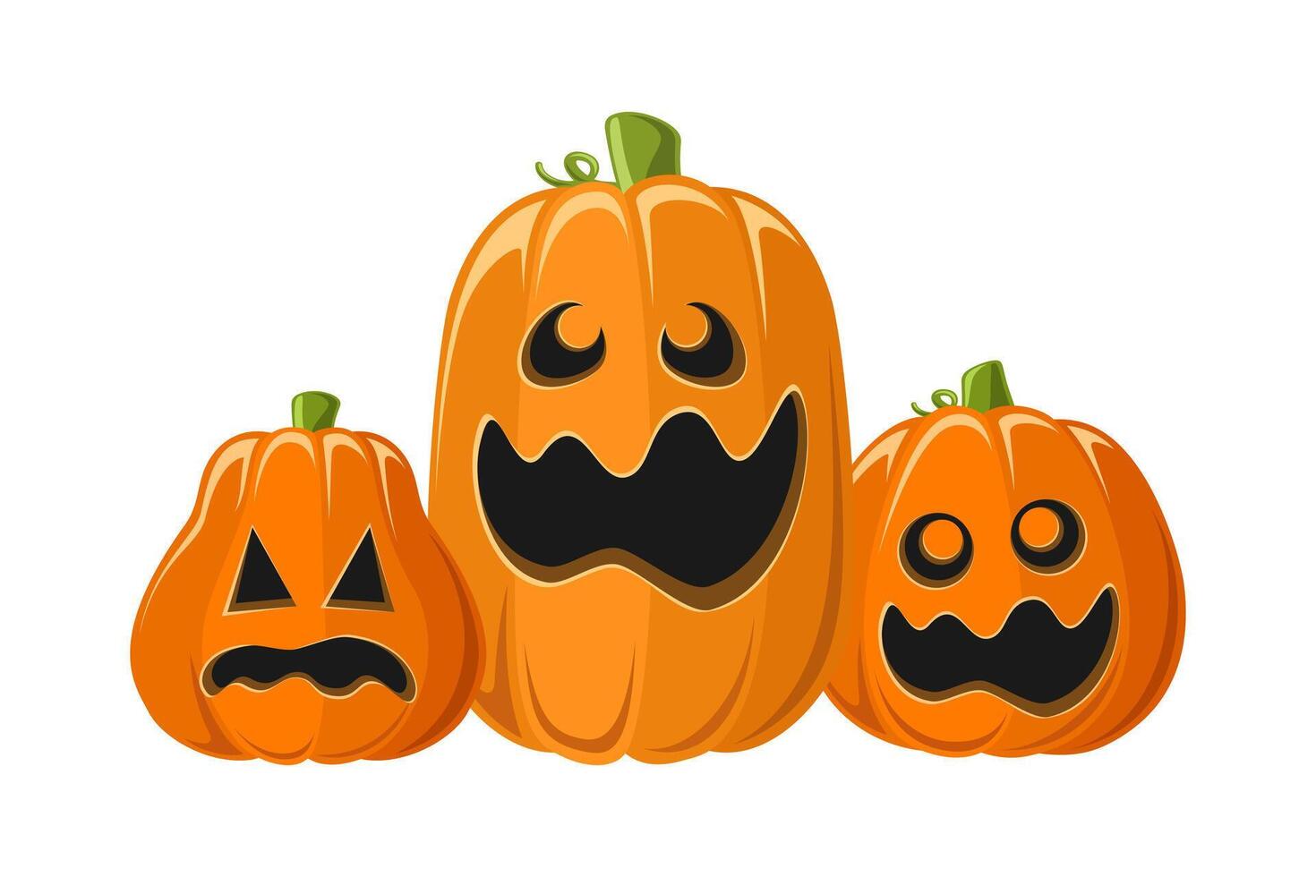 Cute Jack O Lantern Friends, Silly Halloween Pumpkins with Funny Faces, Creepy Spooky Scary Decorations vector