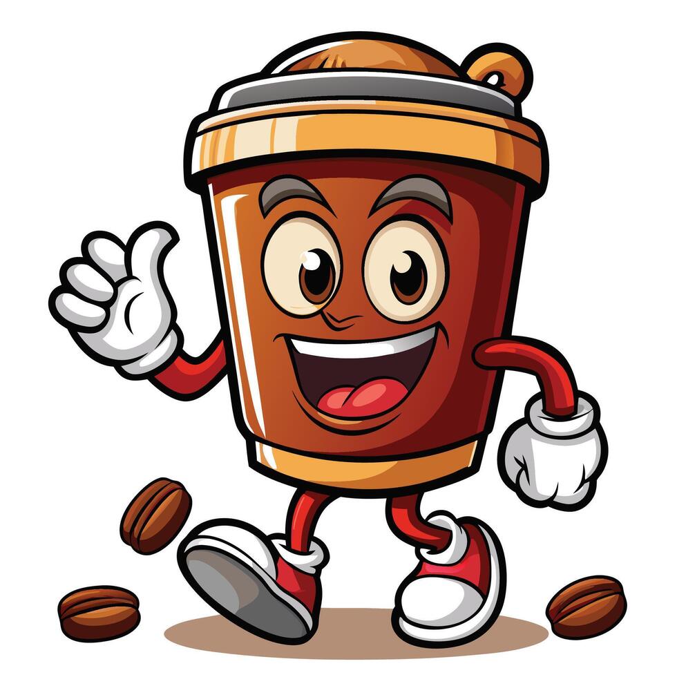cartoon coffee cup character running and waving vector