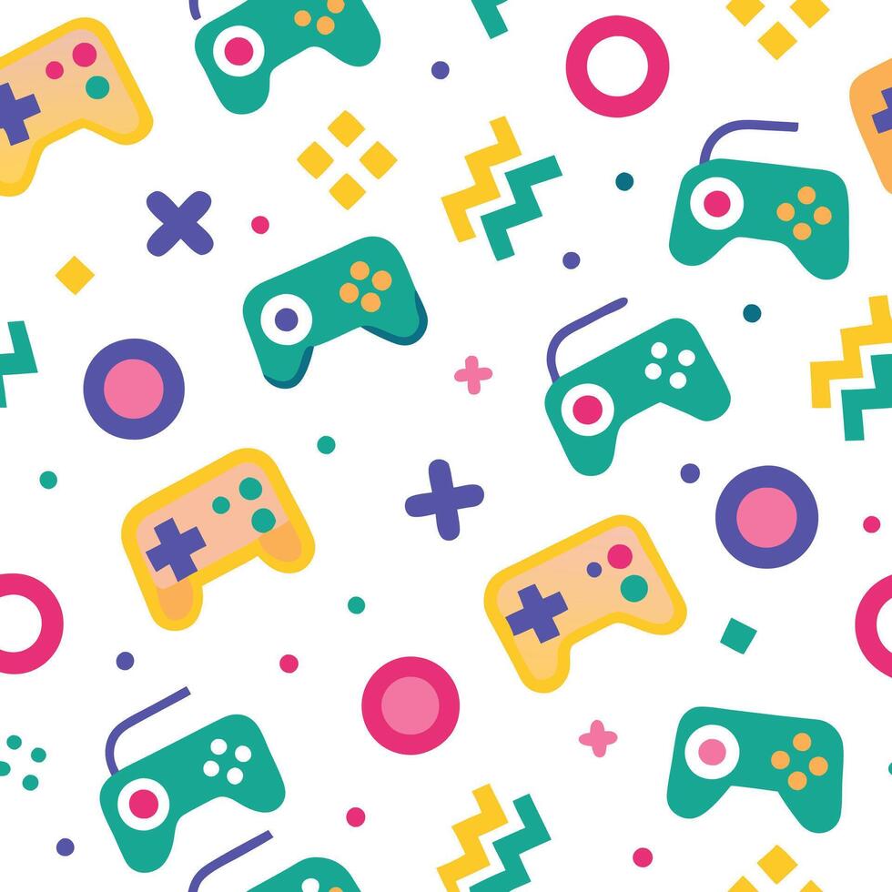 seamless pattern with colorful game controllers and other objects vector