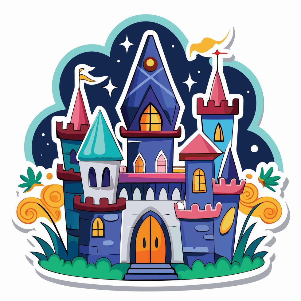 cartoon castle with a moon and stars on it vector