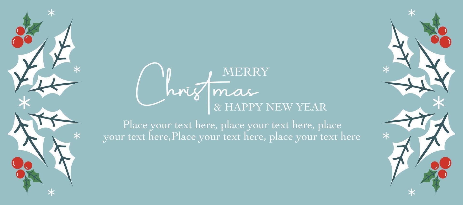 Merry Christmas and Happy New Year greeting template with leaves, berries and beautiful typography on baby blue background for banner vector