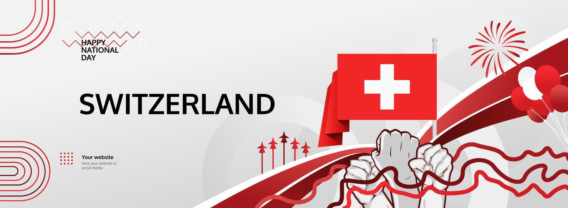 Swiss National Day event modern banner, featuring the flag and raised fist in bright, celebratory colors. vector