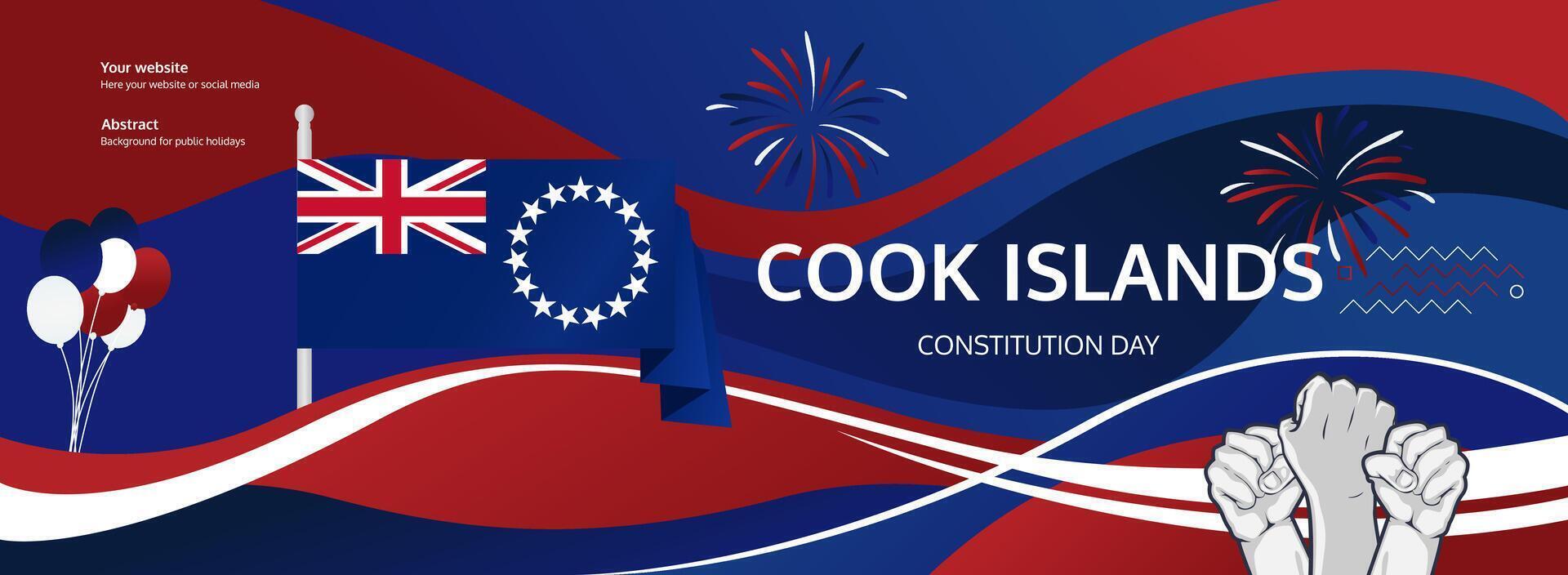 Cook Island National Day greeting banner concept. August 4th is celebrated as Cook Island Independence Day. Vibrant template with flags and raised fists, great for national holiday poster. vector