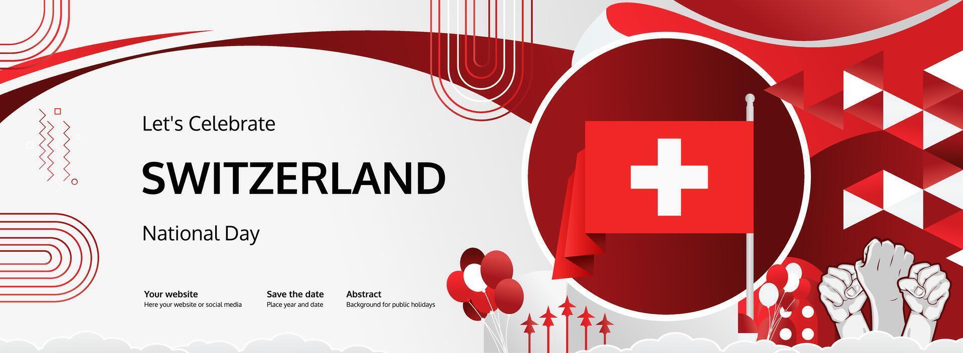 Swiss National Day invitation banner with bold colors, flag, and raised fist is perfect for a dynamic August 1st celebration vector